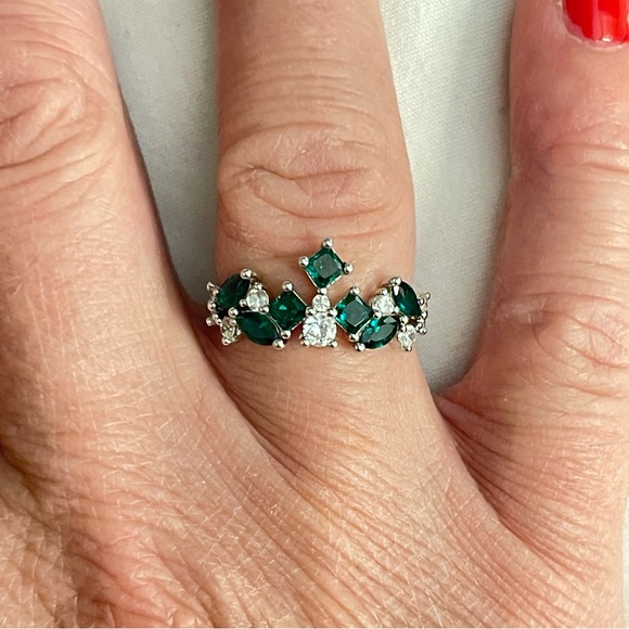 Size 7 Lab created Emerald & CZ on Rhodium Plating Rings May birthstone RBP5926 - Picture 2 of 4